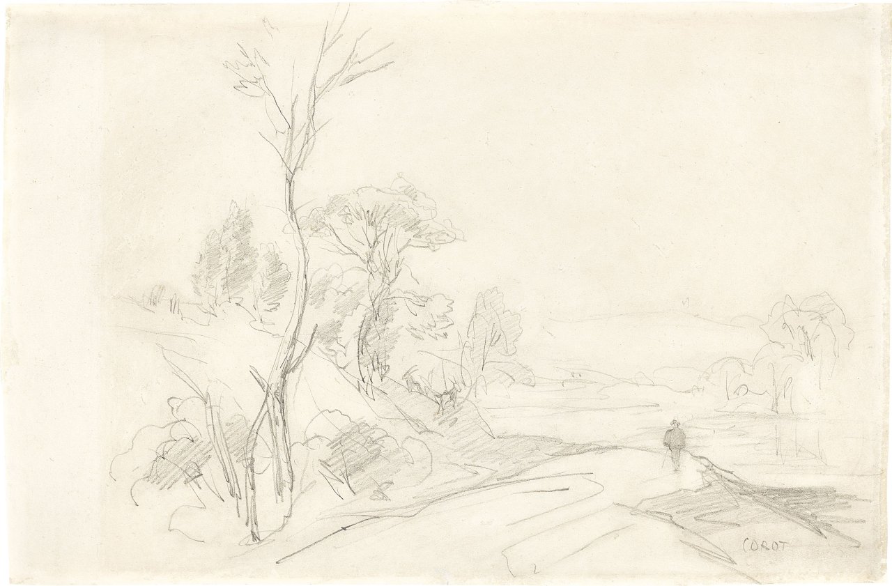 This picture shows the following artwork: Jean-Baptiste-Camille Corot. Homme sur un chemin bordé d’arbres.
