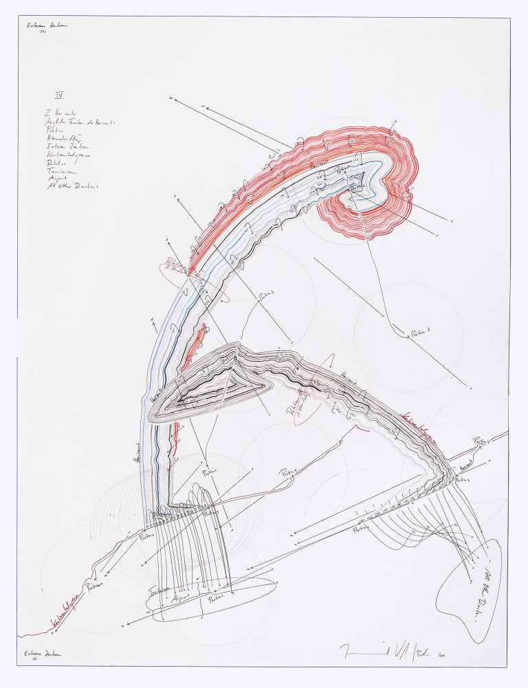 Auf diesem Bild ist das folgende Kunstwerk zu sehen: Jorinde Voigt. „2 Horizonte; Mögliche Farbe des Horizonts; Position; Himmelsrichtung; Externe Zentren; Kontinentalgrenze; Rotation; Territorien; Airport; All other Directions“. 2011.