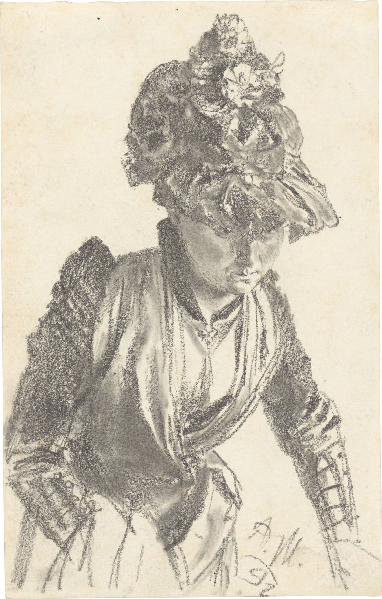 Auf diesem Bild ist das folgende Kunstwerk zu sehen: Adolph Menzel. Dame mit Hut, nach rechts unten blickend. 1892.