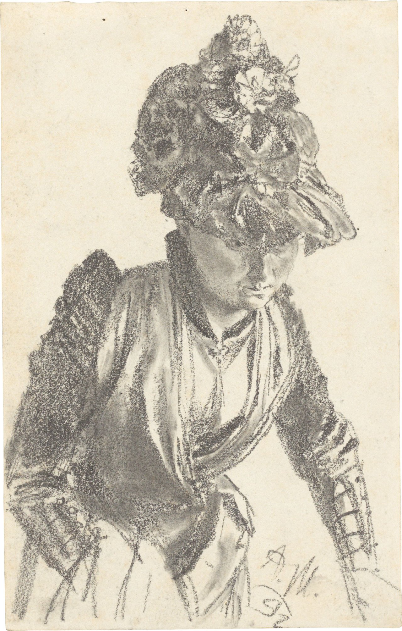 Auf diesem Bild ist das folgende Kunstwerk zu sehen: Adolph Menzel. Dame mit Hut, nach rechts unten blickend. 1892.