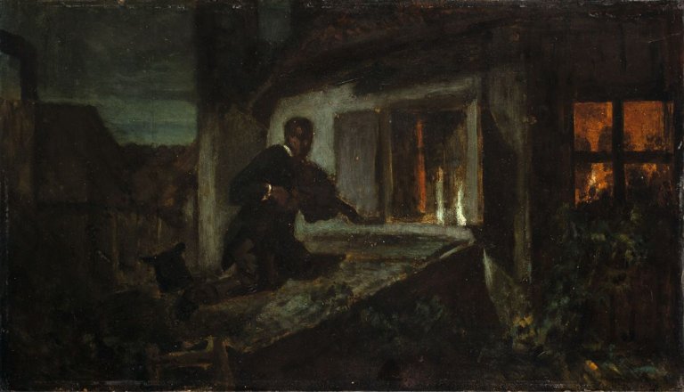 Auf diesem Bild ist das folgende Kunstwerk zu sehen: Carl Spitzweg. „Der Geiger auf dem Dach“. Um 1848.