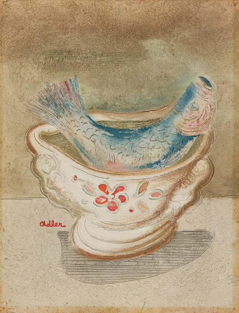Auf diesem Bild ist das folgende Kunstwerk zu sehen: Jankel Adler. Stillleben mit Fisch. Um 1926-30.