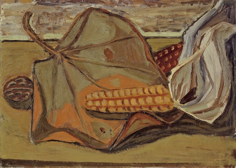 Auf diesem Bild ist das folgende Kunstwerk zu sehen: Otto Dix. „Stilleben mit Maiskolben und Blättern“. 1949.