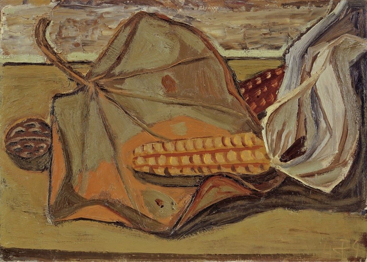Auf diesem Bild ist das folgende Kunstwerk zu sehen: Otto Dix. „Stilleben mit Maiskolben und Blättern“. 1949.