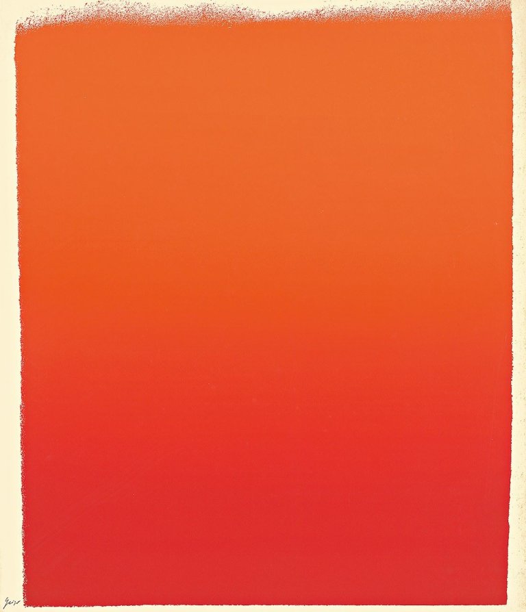 Auf diesem Bild ist das folgende Kunstwerk zu sehen: Rupprecht Geiger. Moduliertes Rot. 1965.