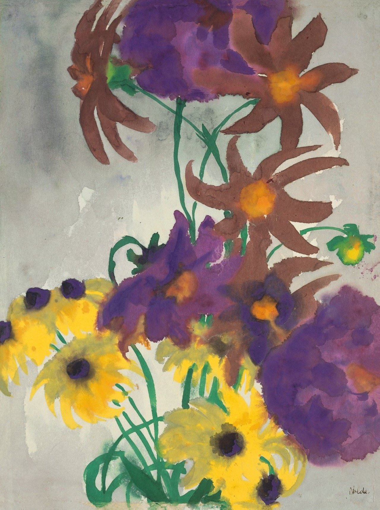 This picture shows the following artwork: Emil Nolde. Rote, gelbe und violette Blüten.