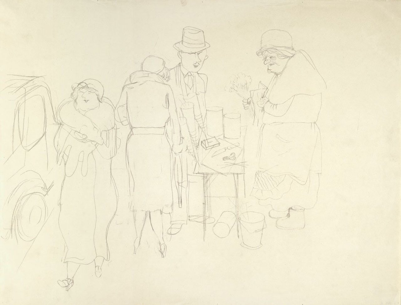 Auf diesem Bild ist das folgende Kunstwerk zu sehen: George Grosz. „Vier Figuren am Blumenstand“. 1929.