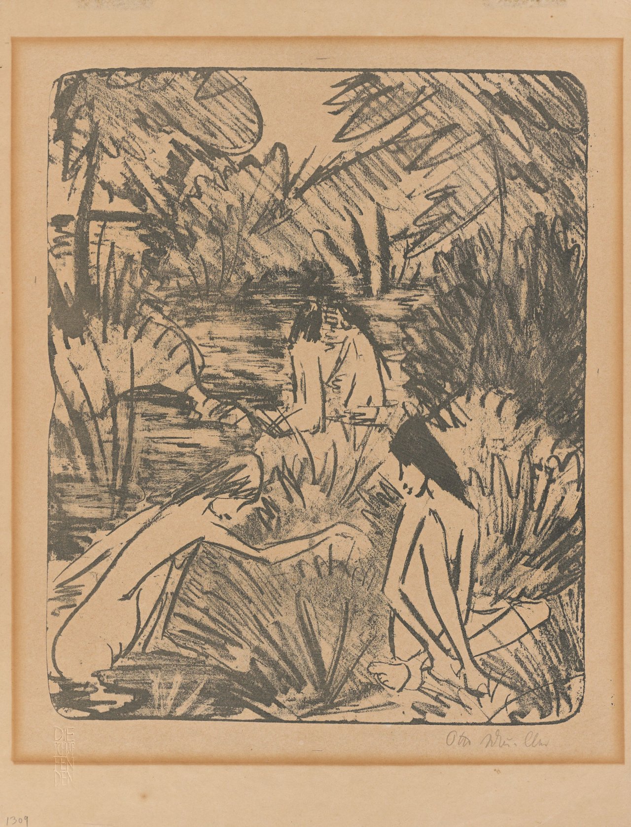Auf diesem Bild ist das folgende Kunstwerk zu sehen: Otto Mueller. „Waldsee mit drei badenden und einem sitzenden Mädchen 2“. 1918.