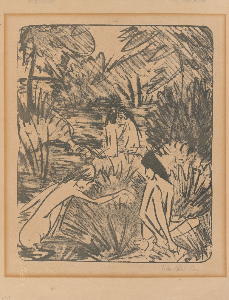 Auf diesem Bild ist das folgende Kunstwerk zu sehen: Otto Mueller. „Waldsee mit drei badenden und einem sitzenden Mädchen 2“. 1918.