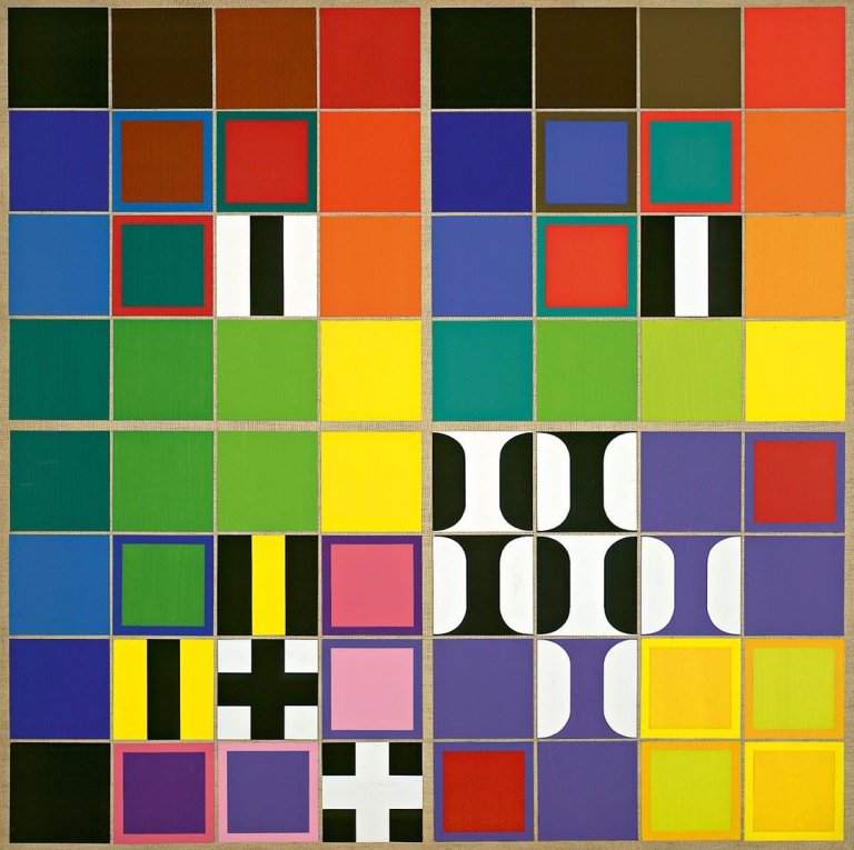 Auf diesem Bild ist das folgende Kunstwerk zu sehen: Heinz Kreutz. „4 x 16 Quadrate über schwarz-rot und schwarz-grün mit Spiegelung und freien Variationen“. 1971.