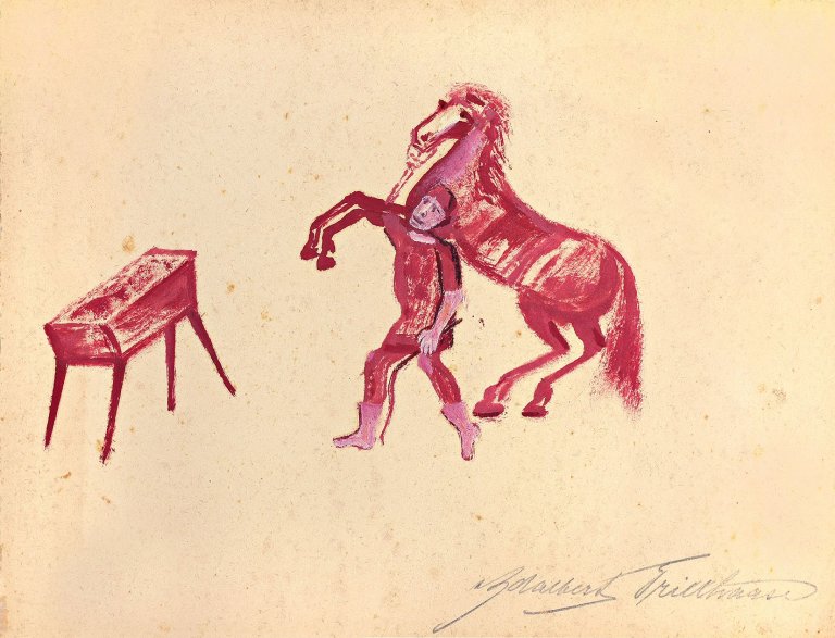Auf diesem Bild ist das folgende Kunstwerk zu sehen: Adalbert Trillhaase. Mann mit steigendem Pferd.