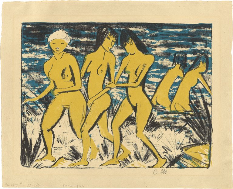 Auf diesem Bild ist das folgende Kunstwerk zu sehen: Otto Mueller. „Fünf gelbe Akte am Wasser“. 1921.