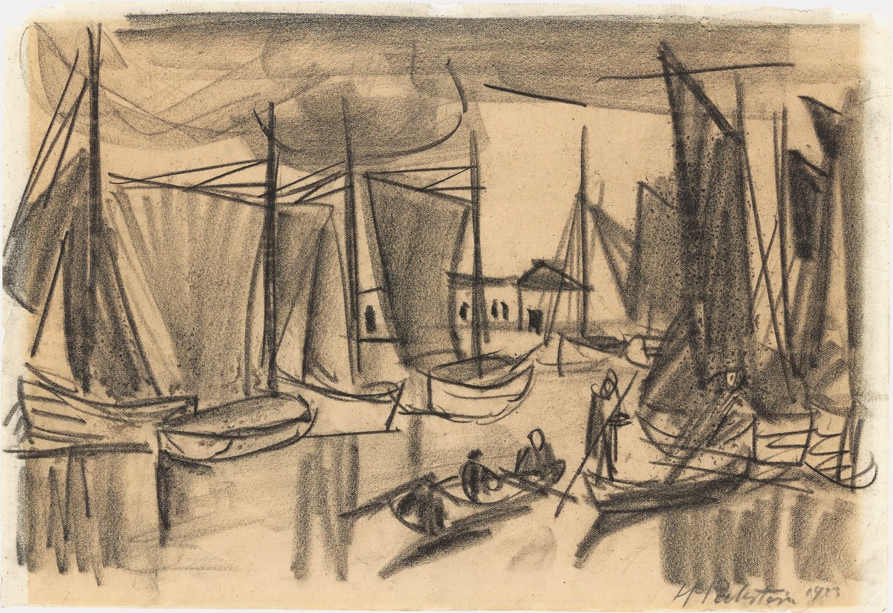 Auf diesem Bild ist das folgende Kunstwerk zu sehen: Max Pechstein. Boote im Hafen. 1923.