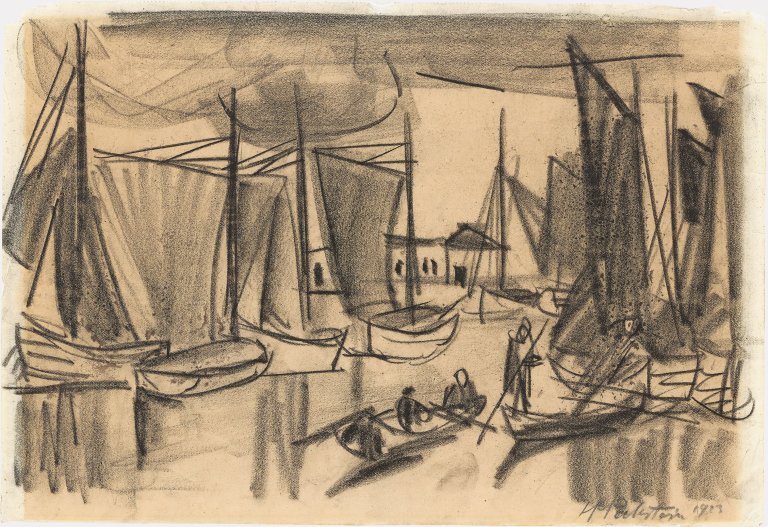 Auf diesem Bild ist das folgende Kunstwerk zu sehen: Max Pechstein. Boote im Hafen. 1923.