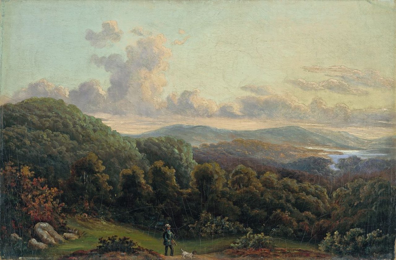 Auf diesem Bild ist das folgende Kunstwerk zu sehen: Carl Robert Kummer. Jäger vor gebirgiger Landschaft. 1860er/70er Jahre.