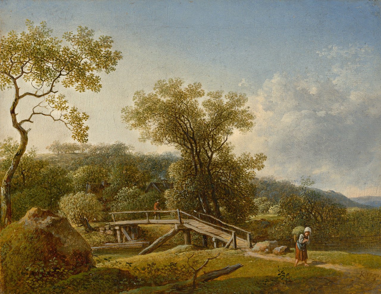 Auf diesem Bild ist das folgende Kunstwerk zu sehen: Johann Christian  Klengel. „Landschaft mit Steg: Links ein knorriger Baum hinter einem Feldstein, in der Mitte ein stabiler Holzsteg über einen Bach, von dem rechts eine Frau mit Tragkiepe kommt. Hinten zwischen Büschen und Bäumen ein Hausgiebel“. Um 1780.