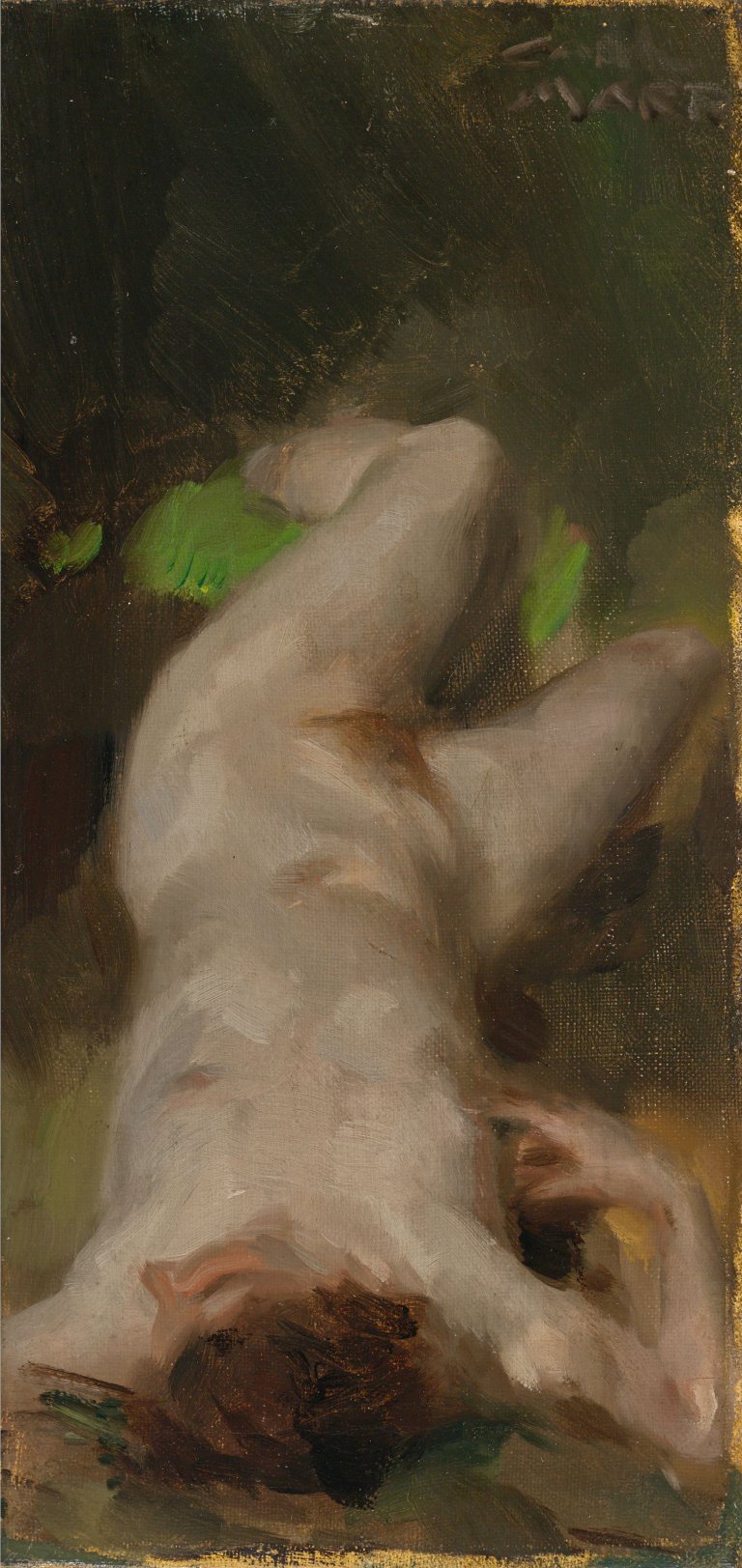 Auf diesem Bild ist das folgende Kunstwerk zu sehen: Carl von Marr. Liegender weiblicher Akt mit grünem Tuch.