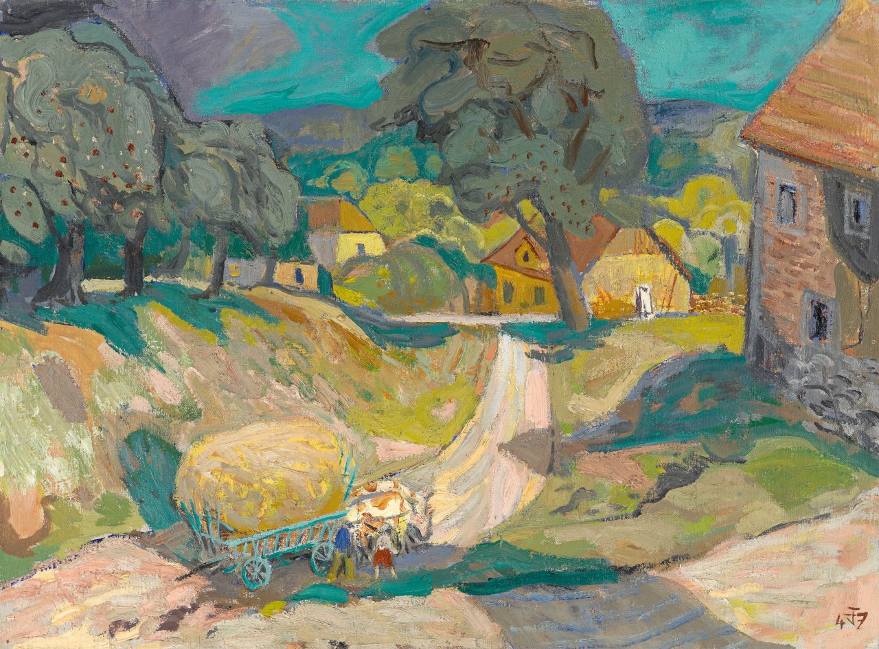 Auf diesem Bild ist das folgende Kunstwerk zu sehen: Otto Dix. Dorf mit Erntewagen – Landschaft. 1947.