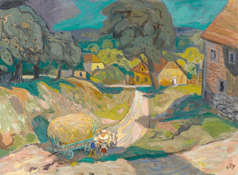 Auf diesem Bild ist das folgende Kunstwerk zu sehen: Otto Dix. Dorf mit Erntewagen – Landschaft. 1947.