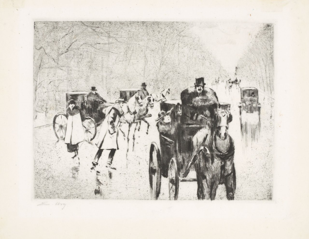 Auf diesem Bild ist das folgende Kunstwerk zu sehen: Lesser Ury. „Winterliche Tiergartenallee mit Pferdedroschken“. Um 1920.