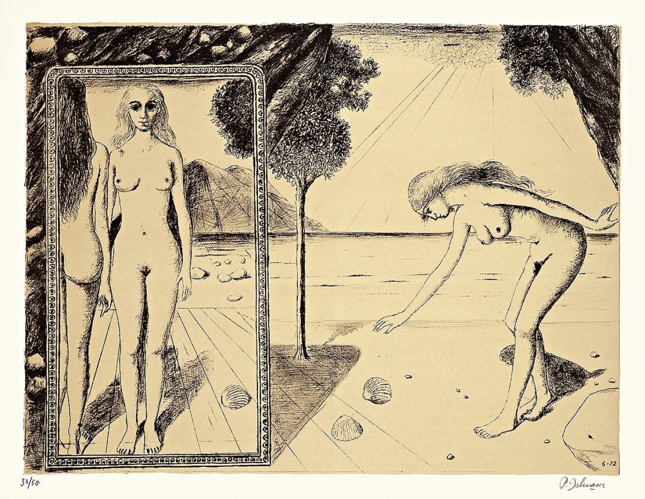 Auf diesem Bild ist das folgende Kunstwerk zu sehen: Paul Delvaux. „La Plage“. 1972.