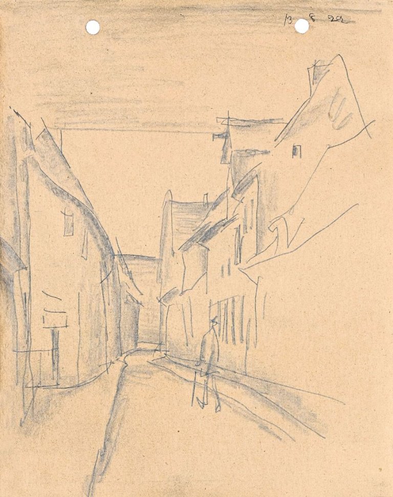 Auf diesem Bild ist das folgende Kunstwerk zu sehen: Lyonel Feininger. Kleine Straße mit Spaziergänger (Lüneburg?). 1922.