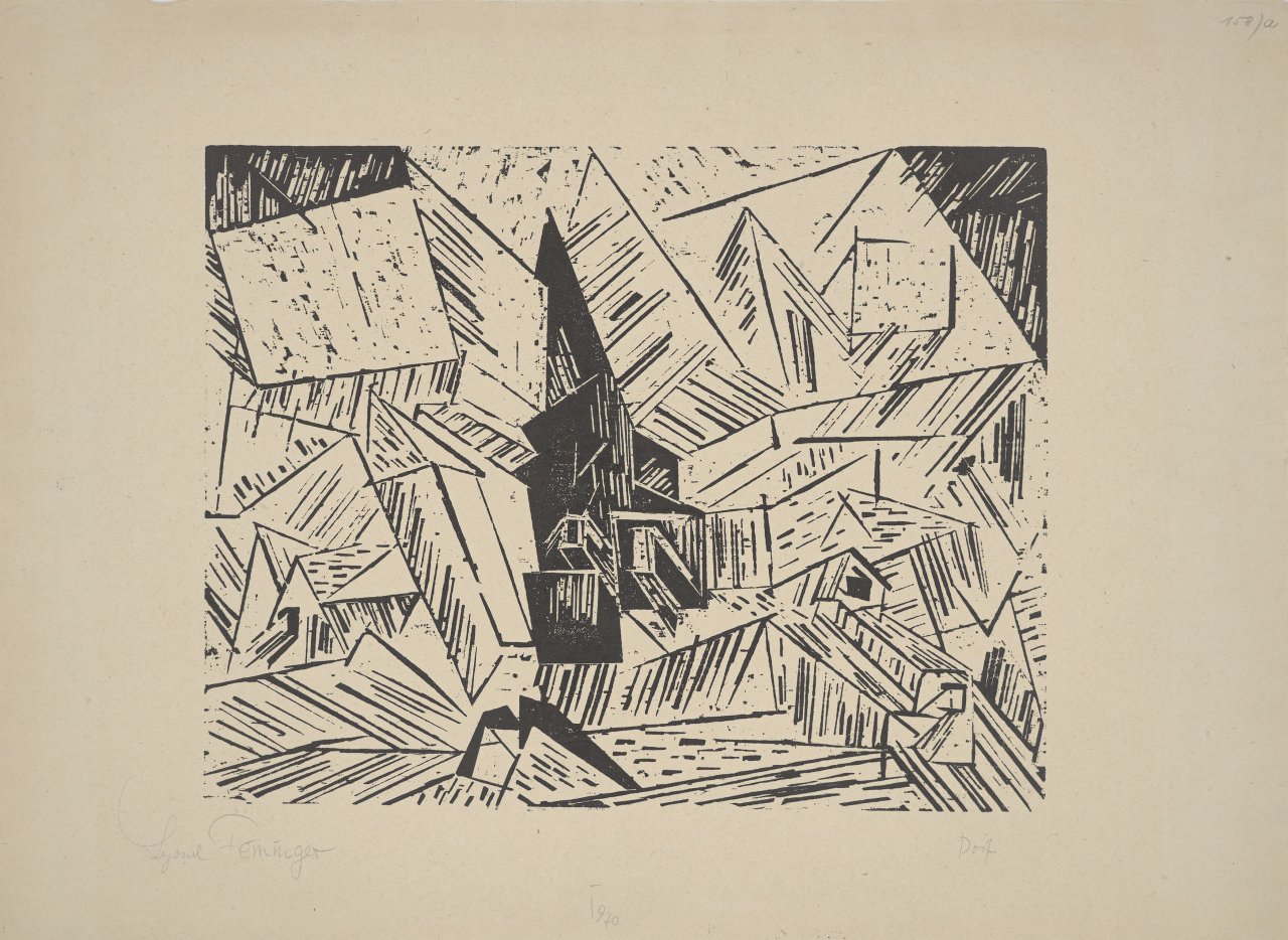 Auf diesem Bild ist das folgende Kunstwerk zu sehen: Lyonel Feininger. „Dorf (mit Kirche)“. 1919.