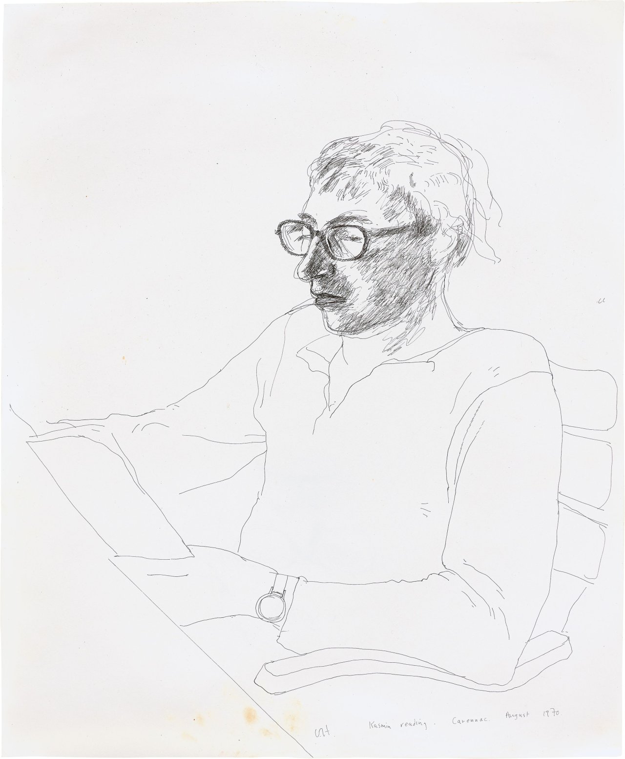 Auf diesem Bild ist das folgende Kunstwerk zu sehen: David Hockney. „Kasmin reading. Carennac“. 1970.