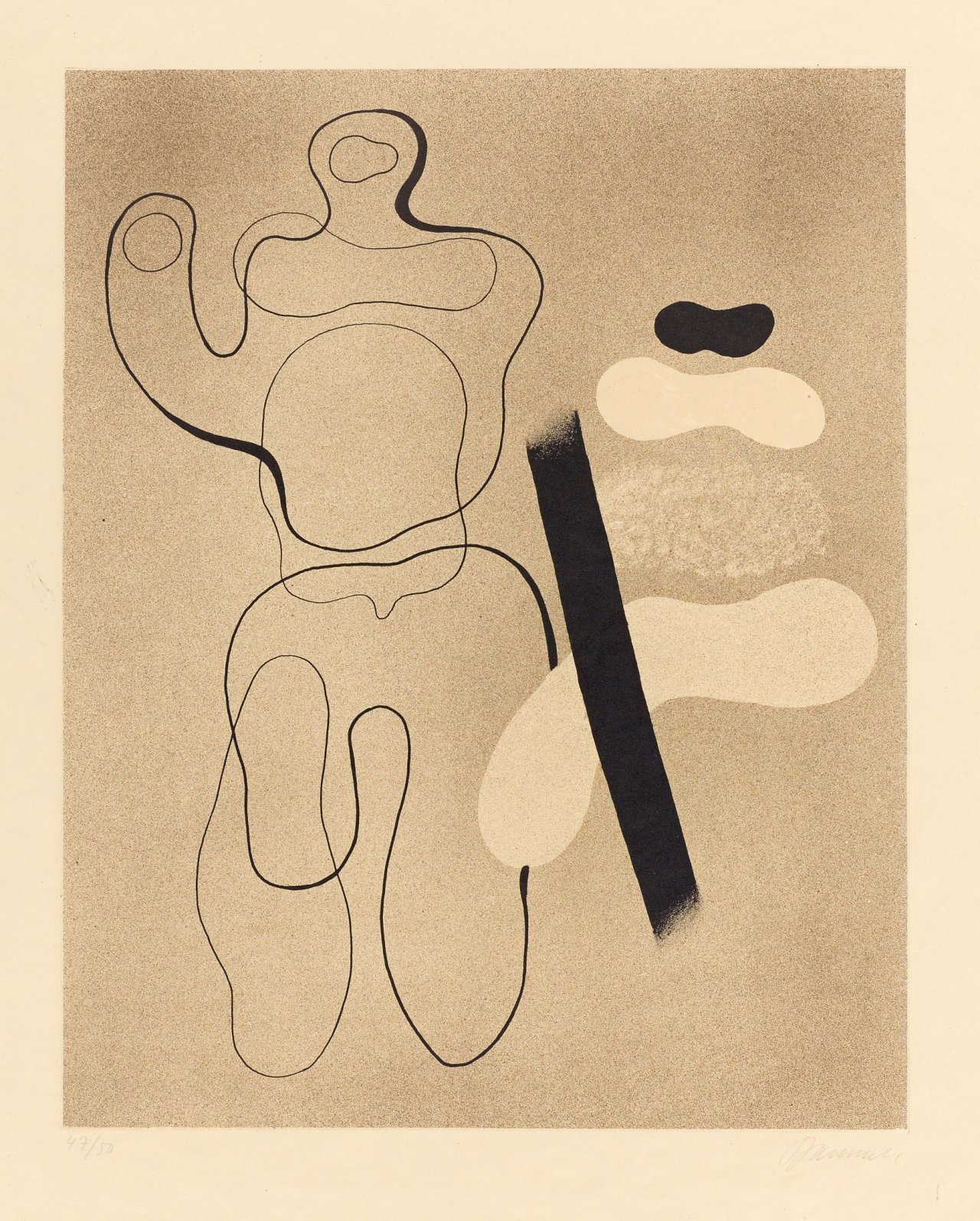 Auf diesem Bild ist das folgende Kunstwerk zu sehen: Willi Baumeister. „Linienfigur auf Braun“. 1935.