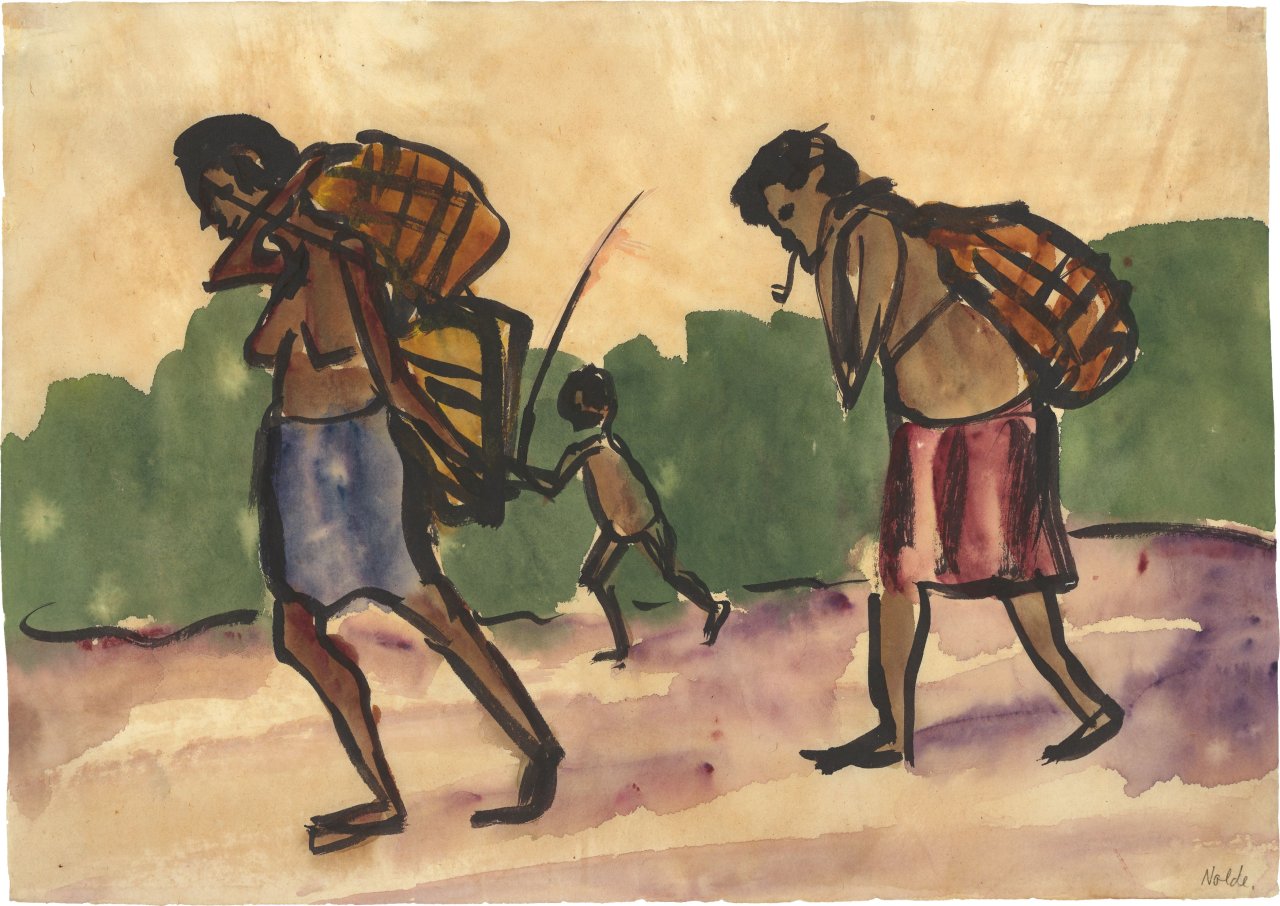 This picture shows the following artwork: Emil Nolde. ”Südsee-Insulaner, Lasten tragend”. Circa 1913.