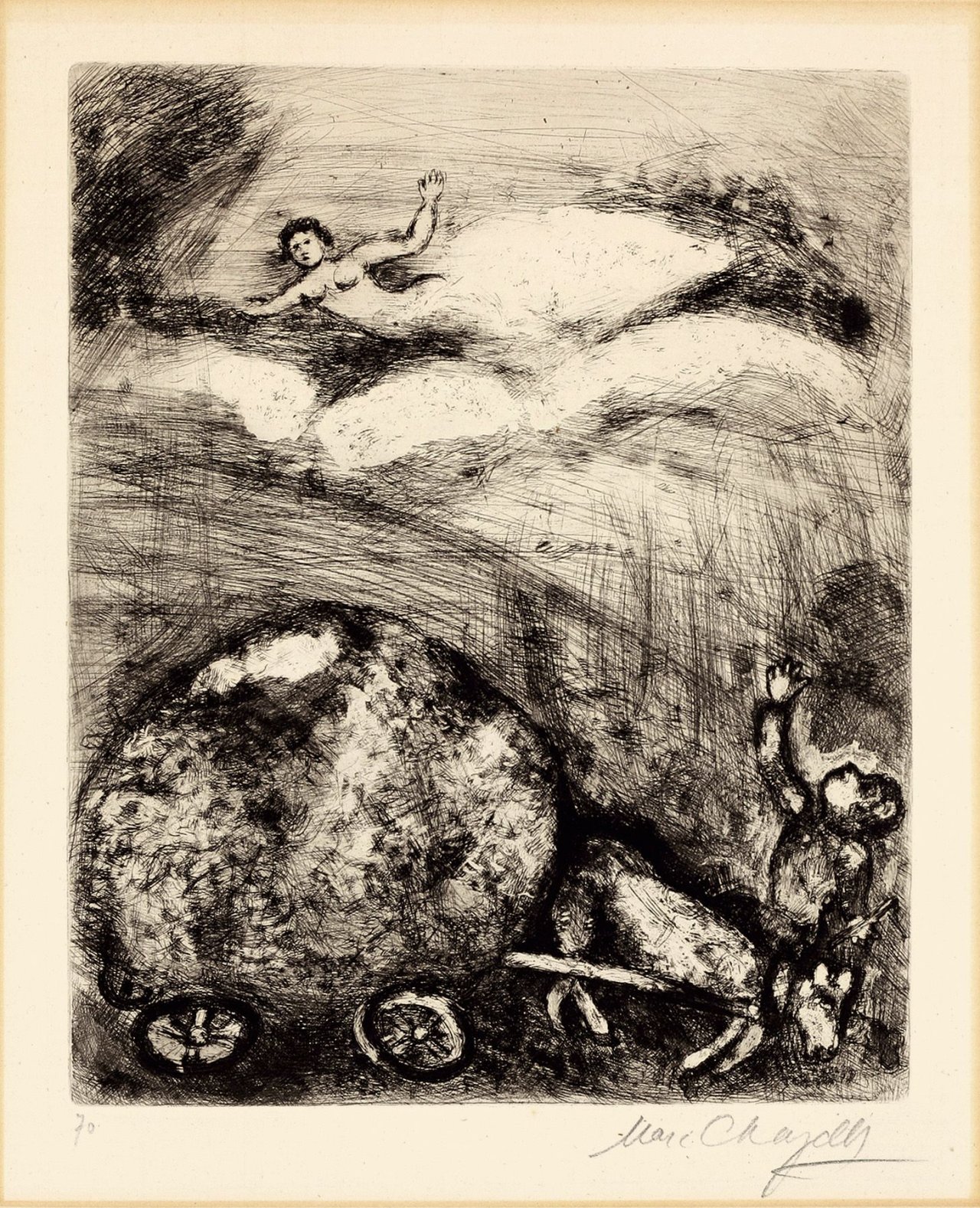 Auf diesem Bild ist das folgende Kunstwerk zu sehen: Marc Chagall. „Le chartier embourbé“. 1952.