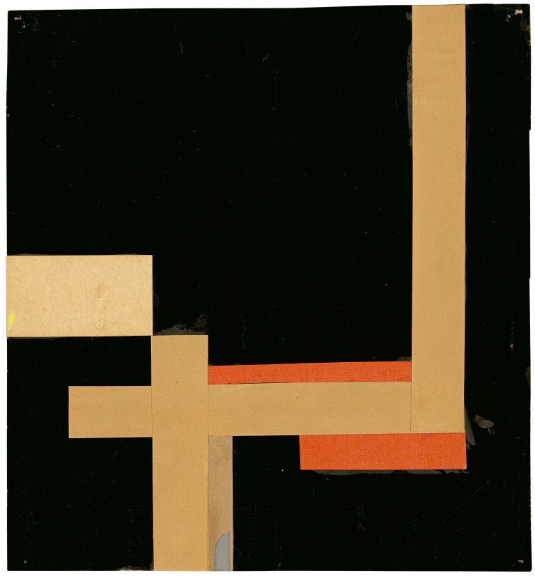 Auf diesem Bild ist das folgende Kunstwerk zu sehen: Walter Dexel. „Figuration Weiß auf Schwarz“. 1926.