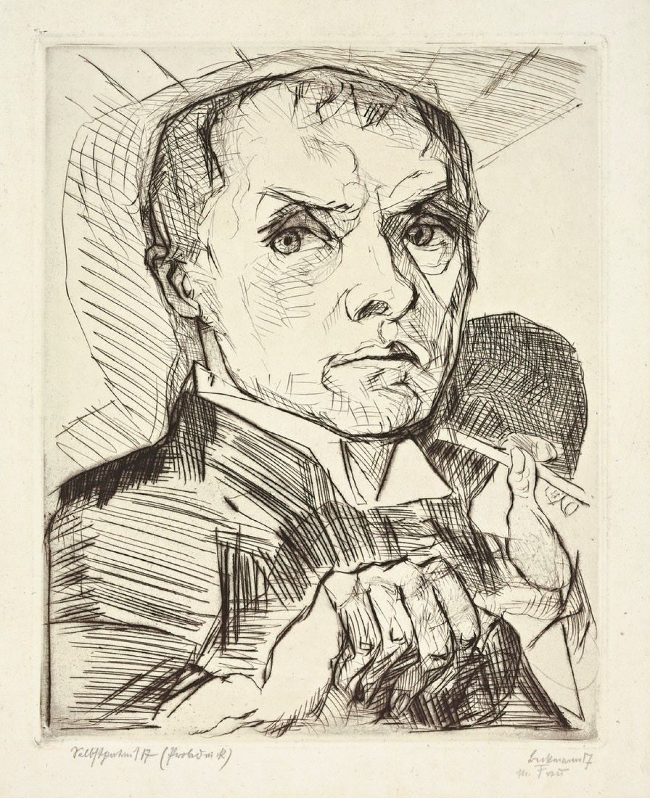 Auf diesem Bild ist das folgende Kunstwerk zu sehen: Max Beckmann. „Selbstbildnis mit Griffel“. 1916/17.