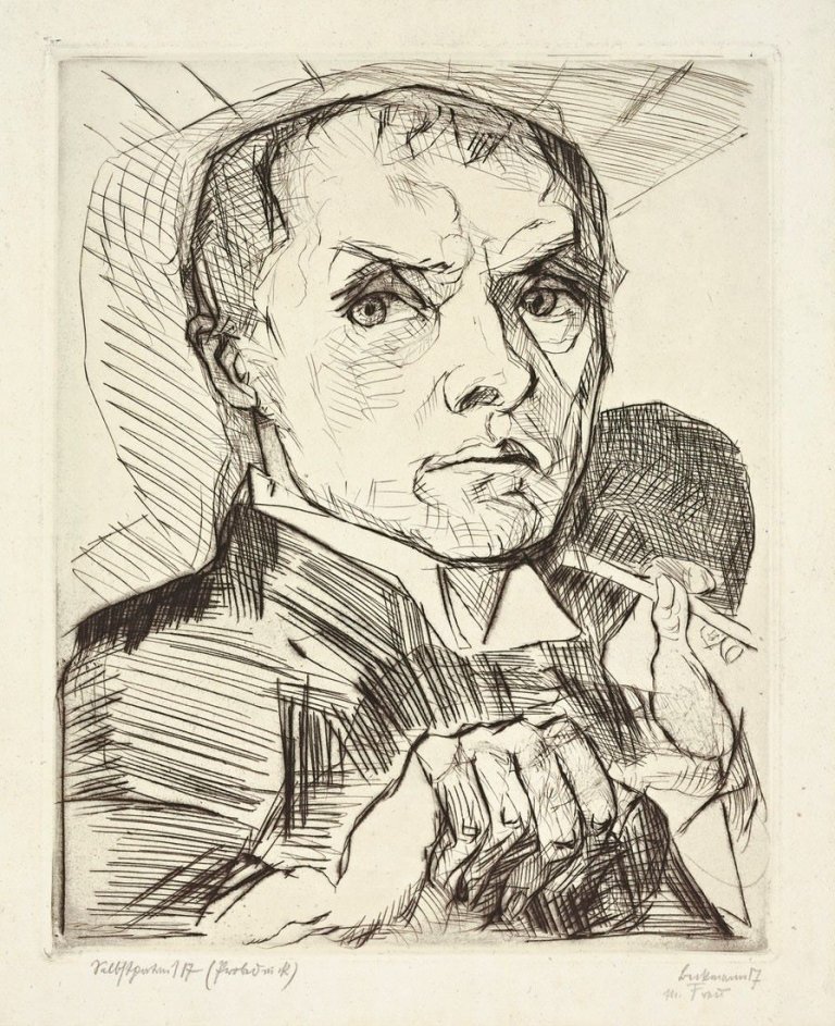 Auf diesem Bild ist das folgende Kunstwerk zu sehen: Max Beckmann. „Selbstbildnis mit Griffel“. 1916/17.