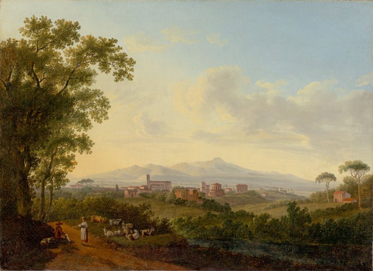 Auf diesem Bild ist das folgende Kunstwerk zu sehen: Jakob Philipp Hackert. „Blick auf die Kirchen S. Agnese fuori le mura und S. Costanza in Rom“. Wohl 1783.