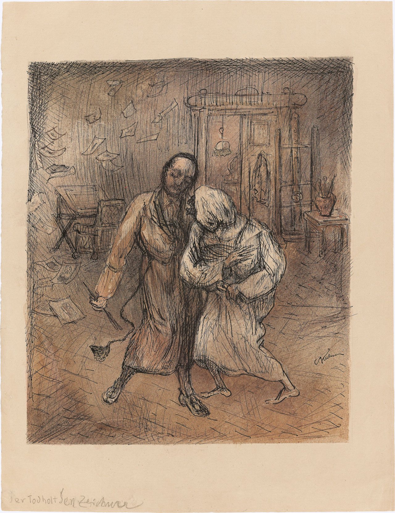 This picture shows the following artwork: Alfred Kubin. ”Der Tod holt den Zeichner”. 1930.