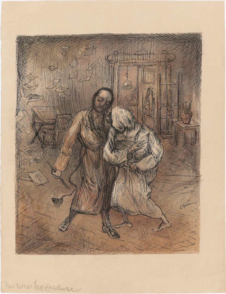 Auf diesem Bild ist das folgende Kunstwerk zu sehen: Alfred Kubin. „Der Tod holt den Zeichner“. 1930.