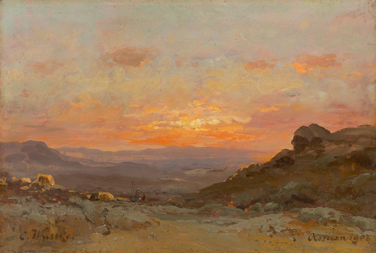 Auf diesem Bild ist das folgende Kunstwerk zu sehen: Carl Wuttke. „Morgen in der Wüste bei Assuan“. 1902.