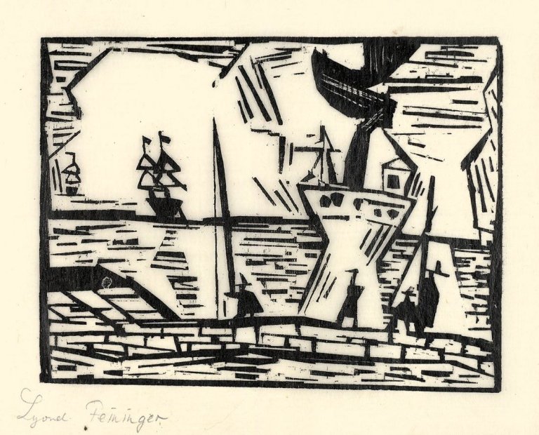 Auf diesem Bild ist das folgende Kunstwerk zu sehen: Lyonel Feininger. „Auf der Quai-Mauer“. 1921.
