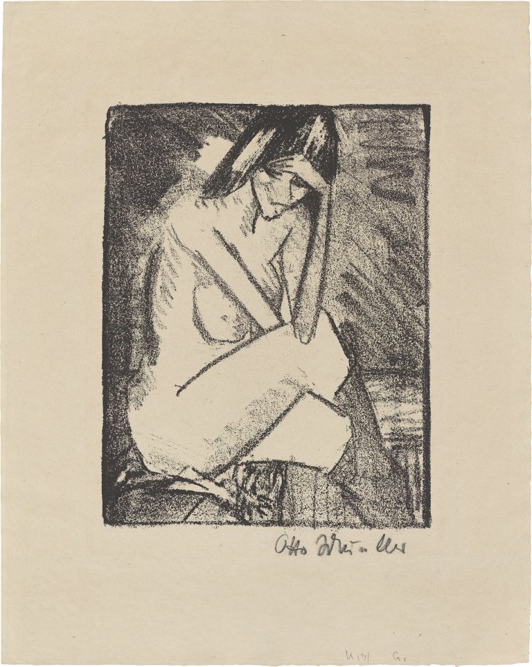 Auf diesem Bild ist das folgende Kunstwerk zu sehen: Otto Mueller. „Sitzende in Strümpfen (Sitzender Akt mit aufgestütztem Arm)“. Um 1924.