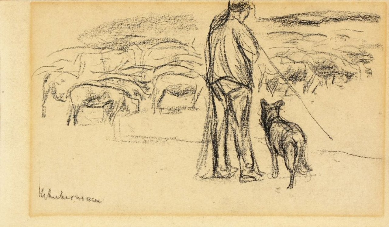 This picture shows the following artwork: Max Liebermann. „Schafhirt mit Hund und Herde“. Circa 1887.