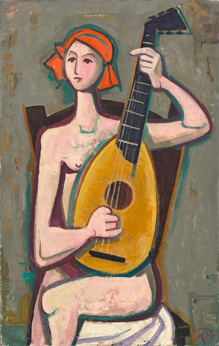 Auf diesem Bild ist das folgende Kunstwerk zu sehen: Karl Hofer. „Mädchen mit Gitarre“. 1954.