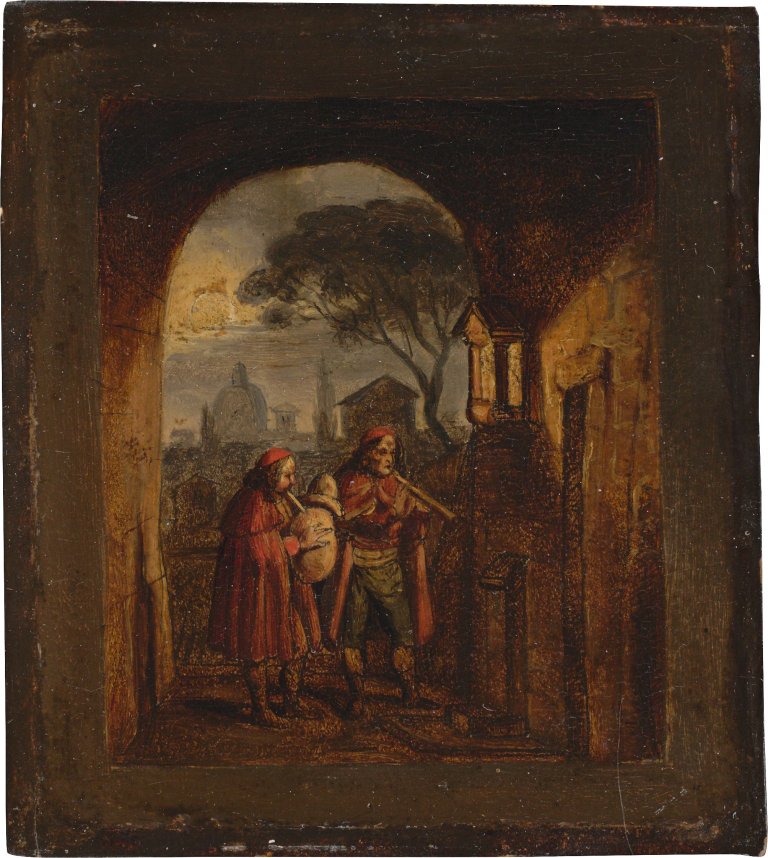 Auf diesem Bild ist das folgende Kunstwerk zu sehen: Franz Ludwig Catel. Zwei Pifferari in einer Mondnacht zur Adventszeit. 1812/22.