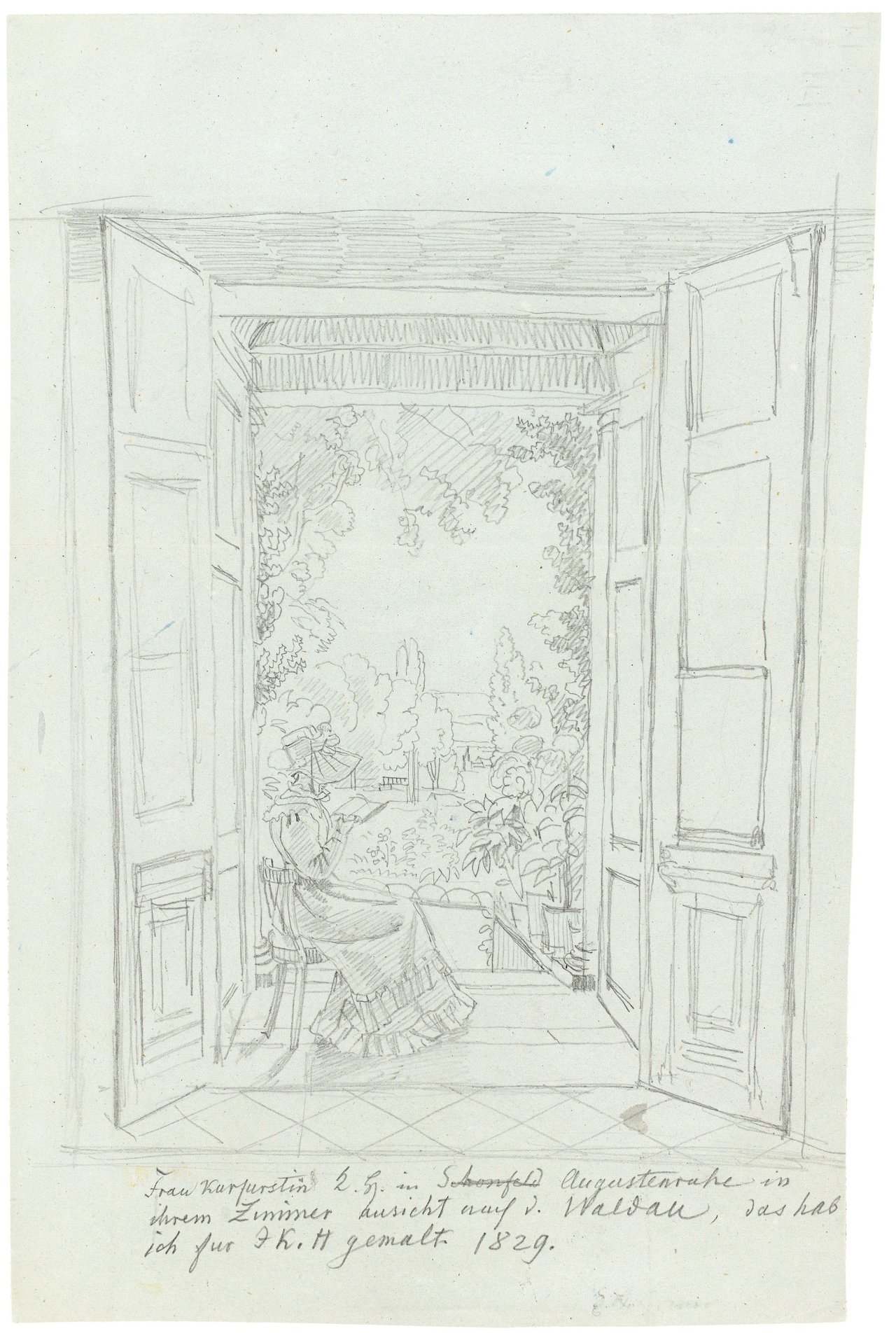 Auf diesem Bild ist das folgende Kunstwerk zu sehen: Ludwig Emil Grimm. Kurfürstin Auguste von Hessen-Kassel (1780–1841) in Augustenruhe. 1829.