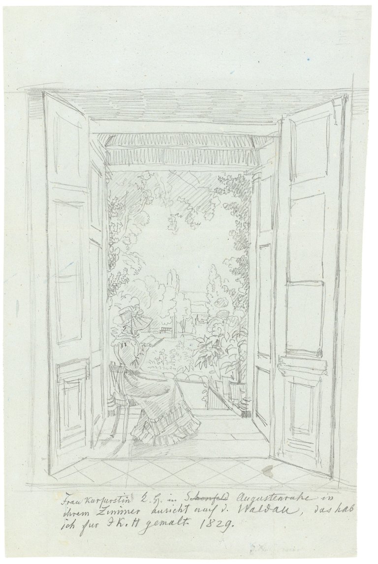 Auf diesem Bild ist das folgende Kunstwerk zu sehen: Ludwig Emil Grimm. Kurfürstin Auguste von Hessen-Kassel (1780–1841) in Augustenruhe. 1829.