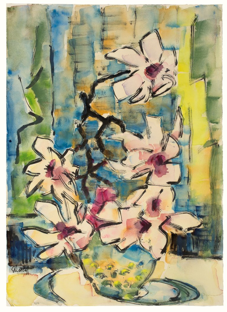 Auf diesem Bild ist das folgende Kunstwerk zu sehen: Karl Schmidt-Rottluff. „Magnolienblüten“. 1968.
