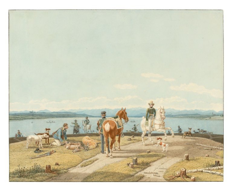 Auf diesem Bild ist das folgende Kunstwerk zu sehen: Wilhelm von Kobell. „Nach der Jagd“. 1839.