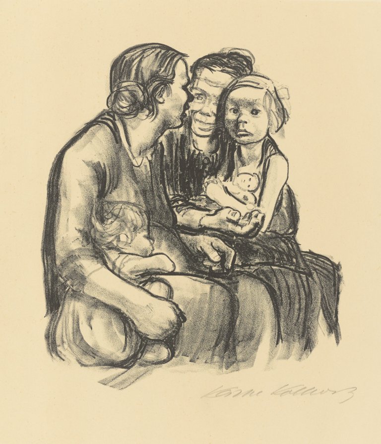 Auf diesem Bild ist das folgende Kunstwerk zu sehen: Käthe Kollwitz. „Zwei schwatzende Frauen mit zwei Kindern“. 1930.