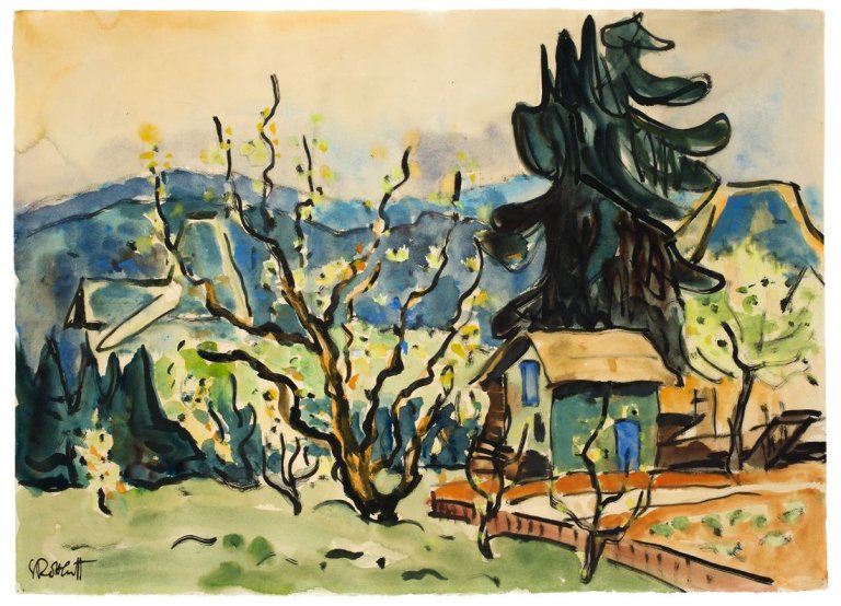 Auf diesem Bild ist das folgende Kunstwerk zu sehen: Karl Schmidt-Rottluff. Baumblüte in Hofheim/Taunus. 1949.