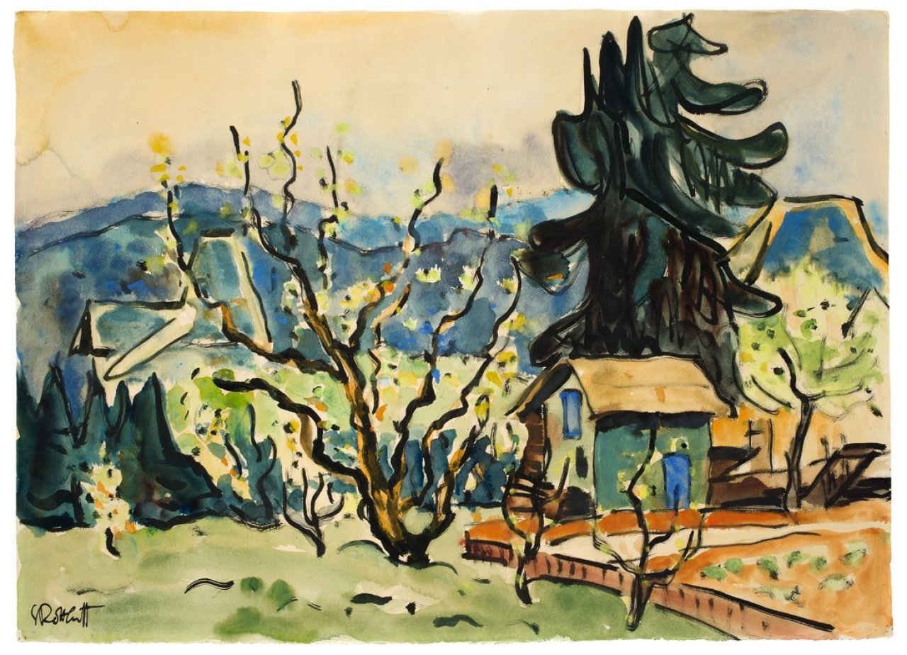 Auf diesem Bild ist das folgende Kunstwerk zu sehen: Karl Schmidt-Rottluff. Baumblüte in Hofheim/Taunus. 1949.